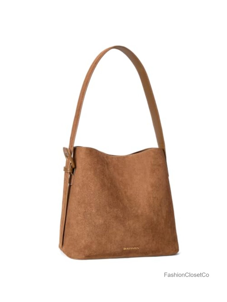 Faux Suede Bucket Bag With Adjustable Strap, Detachable Zip Pouch, Snap Closure